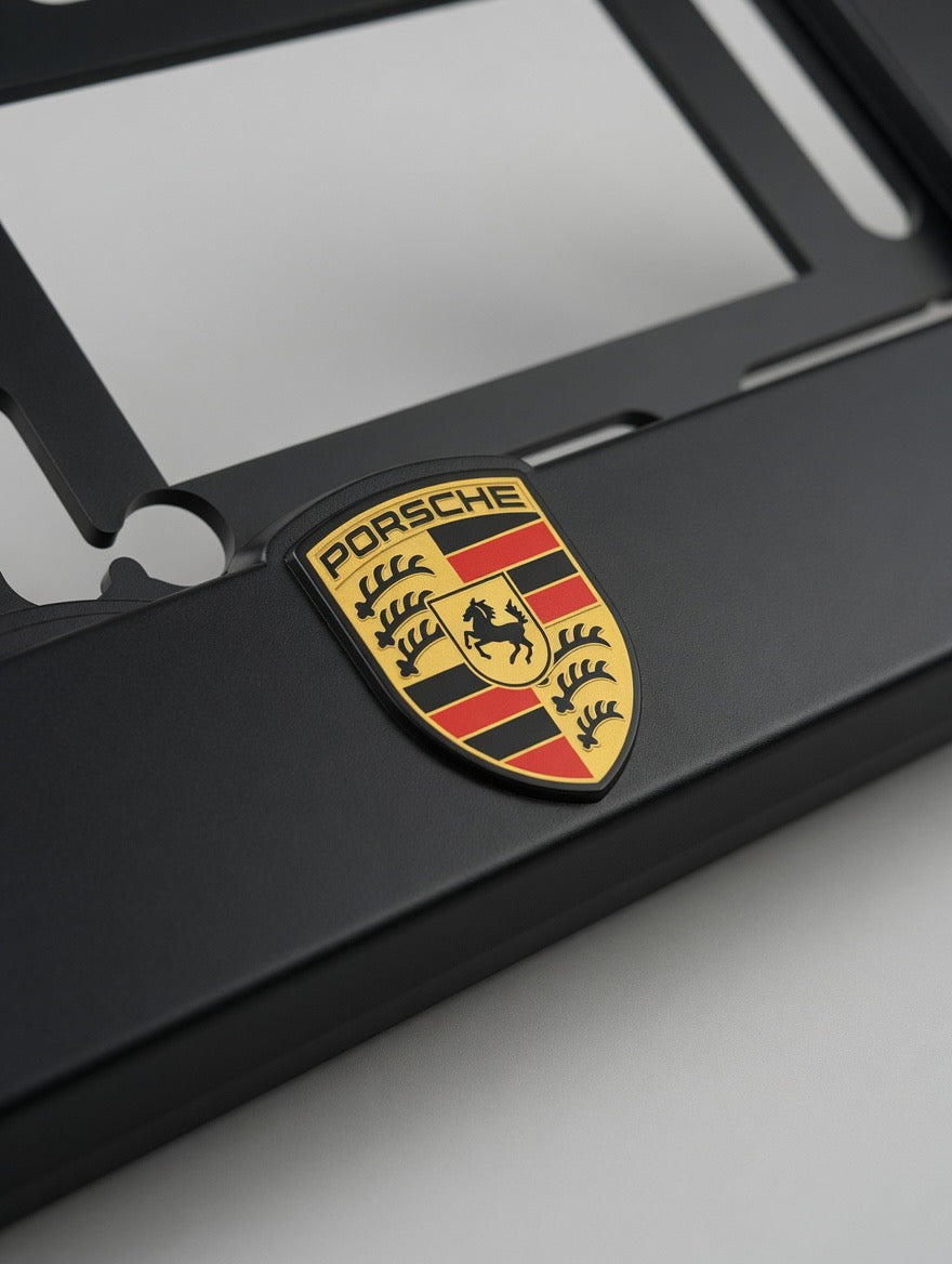 Nummernschildhalter Porsche 911, Cayenne, Macan, Boxster | Farbiges Logo und verchromte 3D-Buchstaben